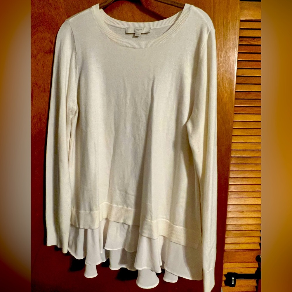 Loft- soft knit, weight sweater with sheer untucked layered look on bottom